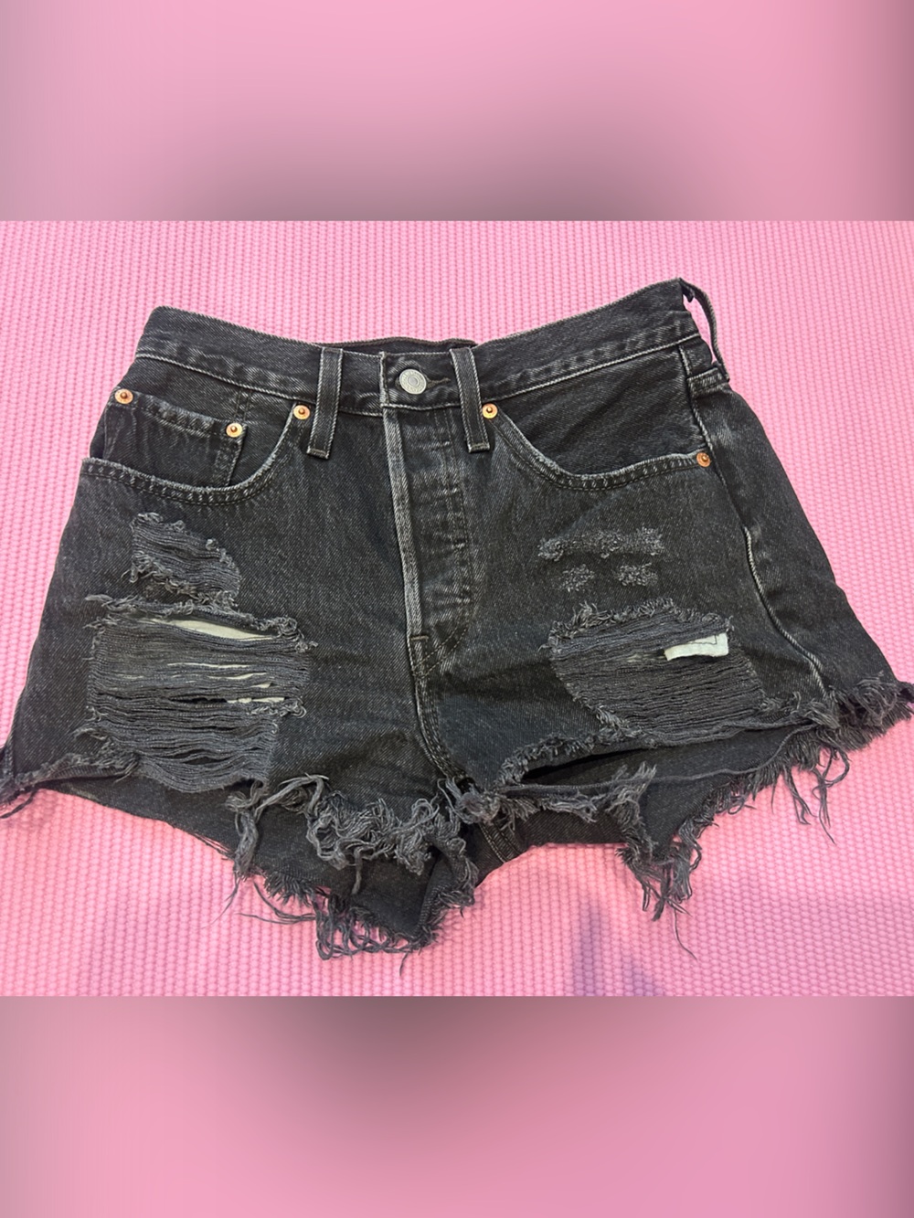 High-Rise Distressed Black Denim Shorts
